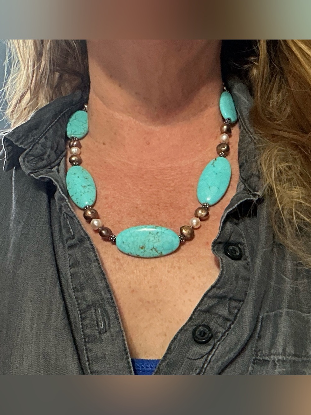 Pearl and Turquoise? Necklace with 925 Beads and Clasp